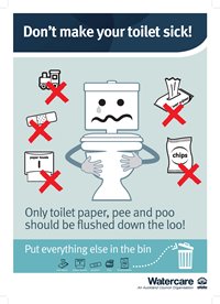 Poster that says, Don't make your toilet sick. Only toilet paper, pee and poo should be flushed down the loo.