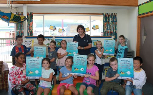 Watercare education coordinator Sally Smith shows Sam and Flo's Amazing Watery Adventure to students at Botany Downs Primary School.