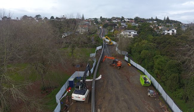 Aerial shot of the work being done on the 22m replacement wastewater pipeline near Glenfield College