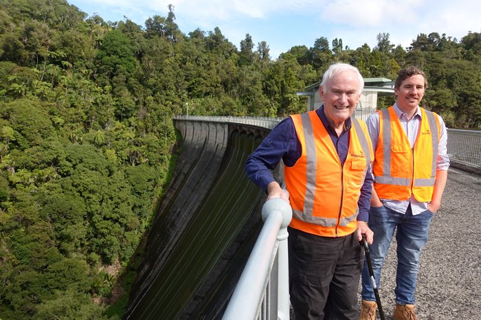 Watercare principal dam safety engineer Wal McQuarrie and environmental assets manager James Talbot at Upper Nihotupu Dam