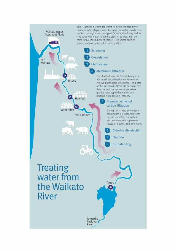 Diagram showing the process of treating water from the Waikato River.