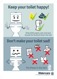 Poster that says, Keep your toilet happy! Don't make your toilet sad!