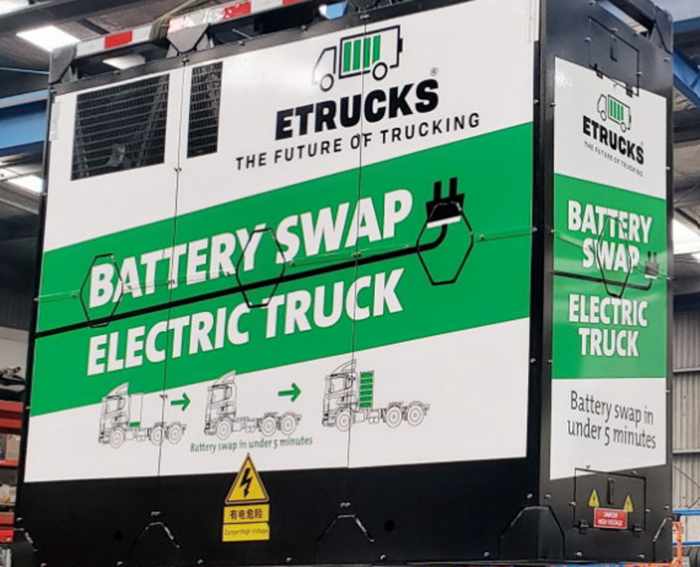 Photo of an e-truck battery being prepared for installation