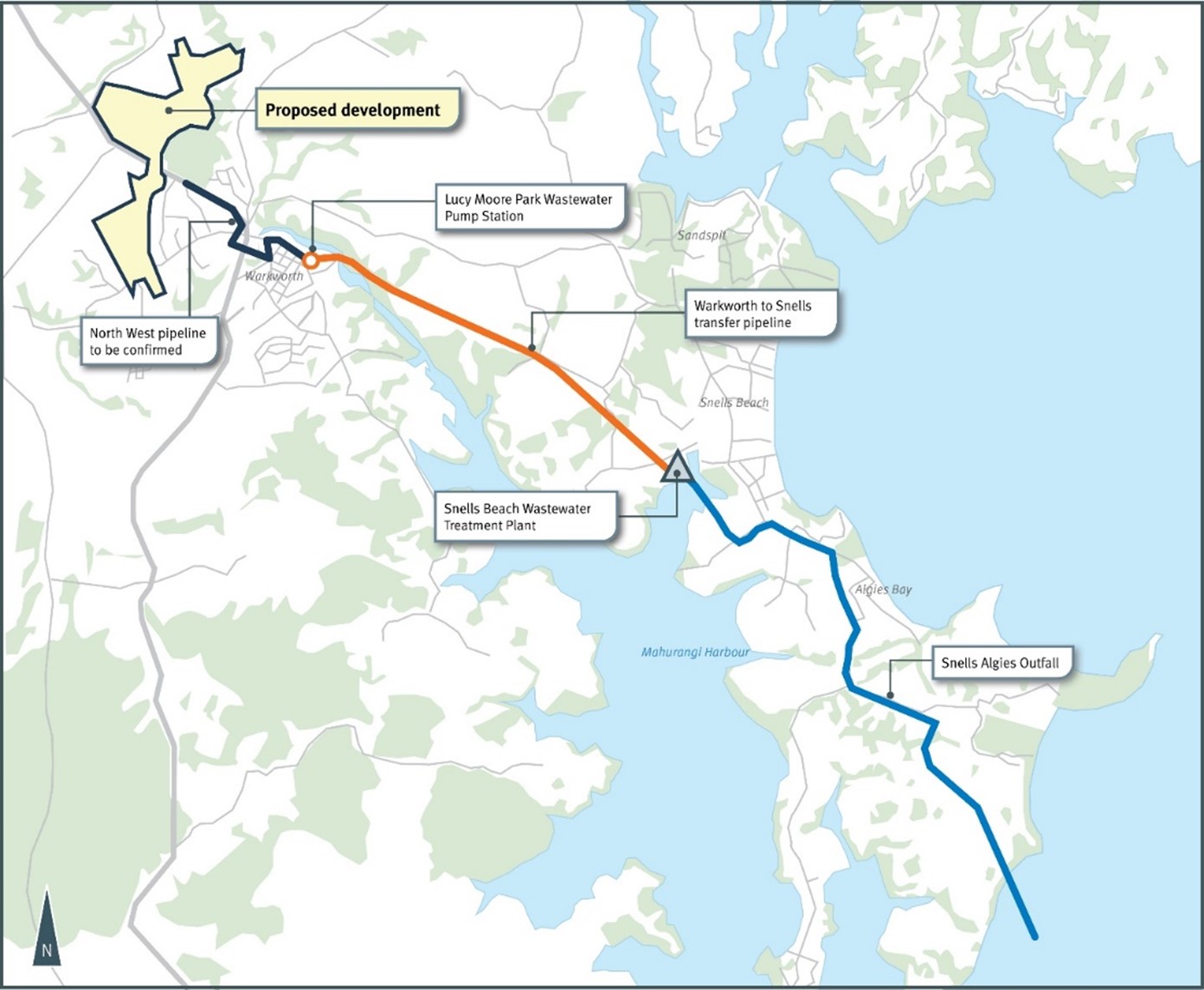 Map showing the route for the new warkworth wastewater pipeline