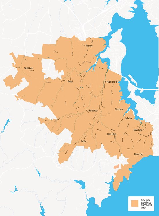 Map of the west Auckland areas potentially impacted by discoloured water