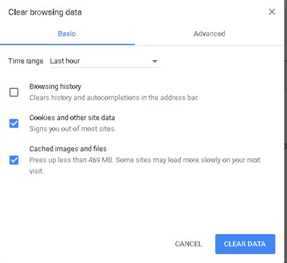 An image of the Chrome screen for clearing browsing data.
