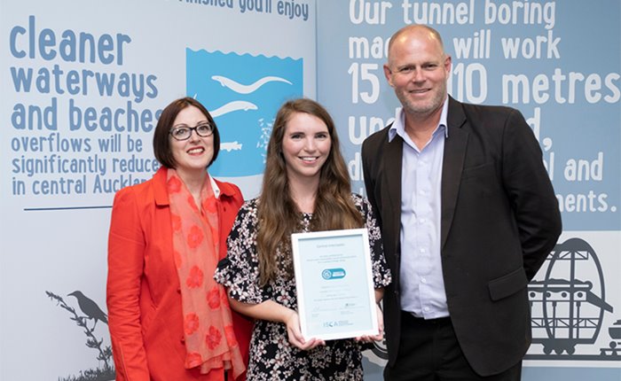 Photo of Olivia Philpott, Sustainability Lead for CI and Shayne Cunis, CI Executive Programme Director, proudly receiving the ISCA Award